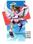  1boy angel angel_wings armband artist_name blue_eyes bow_(weapon) brown_hair feathered_wings full_body highres himeno_yuuma holding holding_bow_(weapon) holding_weapon kid_icarus kid_icarus_uprising laurel_crown looking_at_viewer male_focus open_mouth pit_(kid_icarus) smile solo sparkle v-shaped_eyebrows weapon white_wings wings 