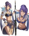  1girl blue_eyes blue_hair breasts cleavage gloves hair_bun hashibiro_kou_(garapiko_p) highres judith_(tales) long_hair midriff pointy_ears polearm simple_background single_hair_bun smile solo tales_of_(series) tales_of_vesperia weapon white_gloves 