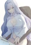  1girl absurdres arm_rest armchair blue_eyes book breasts chair chest_tattoo cleavage closed_mouth collared_shirt commentary_request dutch_angle ethel_(xenoblade) grey_hair grey_panties hair_intakes highres large_breasts long_hair long_sleeves looking_at_viewer navel open_book panties partially_unbuttoned pen shirt sitting solo table takumi_(user_xmwf4727) tattoo underwear white_background white_shirt xenoblade_chronicles_(series) xenoblade_chronicles_3 