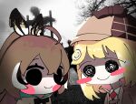  2girls ahoge black_eyes blonde_hair brown_capelet brown_cloak brown_hair brown_headwear capelet chibi cloak closed_mouth commentary crossed_bangs deerstalker english_commentary feather_hair_ornament feathers hair_ornament hat highres hololive hololive_english koyoinacho long_hair looking_at_viewer monocle_hair_ornament multicolored_hair multiple_girls nanashi_mumei necktie outdoors photo_background red_necktie shaded_face shirt short_hair sidelocks smile smol_ame smol_mumei streaked_hair upper_body virtual_youtuber watson_amelia white_shirt 