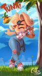  2023 9:16 activision anthro blonde_hair breasts clothing cloud coco_bandicoot coffekitten crash_bandicoot_(series) day eyes_closed eyewear eyewear_on_head female food footwear fruit gesture goggles goggles_on_head grass hair hi_res mammal marsupial motion_blur plant shoes signature solo sound_effects tongue tongue_out tree v_sign water wumpa_fruit 