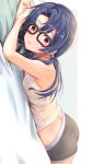  ass bare_shoulders black-framed_eyewear black_hair boxers breasts glasses highres idolmaster idolmaster_million_live! looking_at_viewer low_twintails lying male_underwear midriff nagmilk on_bed on_stomach parted_bangs parted_lips rectangular_eyewear red_eyes small_breasts takayama_sayoko tank_top twintails underwear 