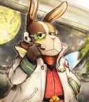  absurd_res anthro belt clothing coat english_text gloves hand_in_pocket handwear hi_res katamichi lab_coat lagomorph leporid male mammal nintendo peppy_hare planet plant plant_pot pockets potted_plant rabbit red_eyes smile solo space star star_fox text topwear visor window 