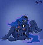  2023 after_transformation anthro areola bedroom_eyes blue_background blue_body blue_eyeshadow blue_feathers blue_fur blue_hair blue_tail breasts choker clitoris crown cutie_mark digital_media_(artwork) equid equine eyeshadow feathered_wings feathers female friendship_is_magic fur genitals hair hasbro headgear hi_res horn jewelry leg_tuft makeup mammal metallicboobage my_little_pony narrowed_eyes necklace nipples nude pose princess_luna_(mlp) pussy seductive shouder_tuft signature simple_background sitting solo tail tuft winged_unicorn wings 