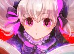  1girl black_ribbon blush book bow eyelashes fate/extra fate_(series) lolita_fashion long_hair nursery_rhyme_(fate) open_book open_mouth pink_eyes purple_bow red_background ribbon signature solo sparkle striped striped_bow striped_ribbon teiratogau upper_body white_hair 