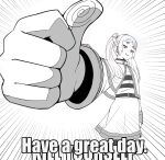  1girl capelet drop_earrings earrings elf emphasis_lines english_commentary english_text greyscale highres image_macro_(meme) impact_(font) jewelry meme monochrome pointy_ears shirt smile smug solo thick_eyebrows thumbs_up twintails wanderjegson 