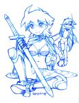  2girls arm_support armor artist_name bikini_armor braid breasts cape fantasy g-hiiragi gauntlets highres knee_up long_hair midriff monochrome multiple_girls navel on_ground one_eye_closed open_mouth original pointy_ears shoulder_plates sitting sketch smile standing standing_on_one_leg traditional_media 