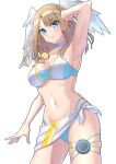  1girl blue_eyes breast_tattoo breasts brown_hair choker closed_mouth commentary_request cowboy_shot eunie_(xenoblade) head_wings highres long_hair looking_at_viewer medium_breasts medium_hair multi-strapped_bikini_bottom navel official_alternate_costume shinae smile solo standing swimsuit tattoo thigh_strap white_choker white_wings wings xenoblade_chronicles_(series) xenoblade_chronicles_3 