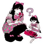  2girls ? apron black_eyes black_hair bobbbob bow bowtie chibi collared_shirt dual_persona earrings hair_bow index_fingers_together jewelry knife looking_to_the_side meat_tenderizer multiple_girls original pantyhose ponytail shirt slippers splatter squatting worried 