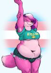  anthro arrow_sign belly bottomwear bulge canid canine clothing crop_top denim eyes_closed female fox fur green_clothing green_shirt green_topwear hair hi_res hotpants lgbt_pride mammal melody_amaranth moxiloxi multicolored_hair navel overweight pink_body pink_fur pride_colors purple_hair shirt shorts signature simple_background slightly_chubby smile soft_belly solo stretching super_lesbian_animal_rpg tail text text_on_clothing thick_thighs topwear trans_(lore) trans_woman_(lore) transgender_pride_colors two_tone_hair white_hair 