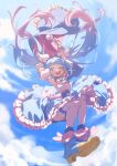 1girl ;d absurdres blue_cape blue_eyes blue_hair blue_sky brooch cape cloud cloudy_sky cure_sky cut_bangs day detached_sleeves dress earrings facing_viewer falling frilled_dress frills gloves highres hirogaru_sky!_precure jewelry long_hair magical_girl multicolored_hair one_eye_closed paru_rari precure puffy_detached_sleeves puffy_sleeves sky sky_mirage smile sora_harewataru streaked_hair thighhighs twintails two-sided_cape two-sided_fabric white_gloves wing_brooch wing_hair_ornament 