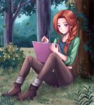  1girl blue_shirt boots braid brown_footwear brown_pants closed_mouth collarbone commentary drawing english_commentary forest grass green_jacket highres holding holding_notebook holding_pen jacket laeryel leaf leah_(stardew_valley) long_hair nature notebook open_clothes open_jacket orange_hair outdoors pants pen purple_eyes shirt sleeves_rolled_up smile solo stardew_valley suspenders tree twitter_username 