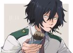  1boy bags_under_eyes black_eyes black_hair boku_no_hero_academia border brown_necktie collared_shirt dated eraser_head_(boku_no_hero_academia) fingernails food food_in_mouth giving_food grey_background grey_shirt hair_between_eyes holding holding_food holding_pocky looking_at_viewer male_focus necktie pocky pocky_in_mouth rnuyvm school_uniform shirt short_hair solo upper_body white_border 