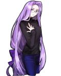  1girl absurdly_long_hair denim fate/stay_night fate_(series) forehead glasses hair_ribbon highres jeans long_hair looking_at_viewer medusa_(fate) medusa_(rider)_(fate) pants purple_eyes purple_hair purple_ribbon ribbon simple_background solo turtleneck upper_body user_murs5522 very_long_hair white_background 