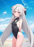  1girl :o absurdres animal_ear_fluff animal_ears arms_behind_back bare_shoulders beach black_hair black_one-piece_swimsuit black_ribbon blue_archive blue_sky blush breasts bubble casual_one-piece_swimsuit cloud commentary_request cowboy_shot day diamond_cutout fubuki_rinne grey_hair hair_ribbon halo highres horizon kokona_(blue_archive) long_hair looking_at_viewer multicolored_hair ocean one-piece_swimsuit orange_eyes outdoors parted_lips ribbon seashell shell shore sky small_breasts solo streaked_hair striped striped_one-piece_swimsuit swimsuit tiger_ears vertical-striped_one-piece_swimsuit vertical_stripes very_long_hair water 