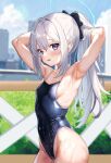  1girl armpits black_bow blue_archive blue_eyes blue_halo blue_one-piece_swimsuit blurry blurry_background blush bow breasts commentary_request day dongchuan grey_hair hair_between_eyes hair_bow halo hands_in_hair highleg highleg_swimsuit highres lens_flare long_hair looking_at_viewer miyako_(blue_archive) miyako_(swimsuit)_(blue_archive) official_alternate_costume one-piece_swimsuit outdoors parted_lips ponytail sidelocks small_breasts smile solo swimsuit water_drop wet wet_clothes wet_swimsuit 