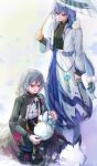  2girls :d animal animal_on_shoulder bird bird_on_shoulder black_skirt black_sleeves blue_eyes chinese_clothes closed_mouth dual_persona earrings fu_hua fu_hua_(azure_empyrea) fu_hua_(herrscher_of_sentience) fu_hua_(taixuan_impression) fu_hua_(turn_up_the_music)_(herrscher_of_sentience) grey_hair happy holding holding_umbrella honkai_(series) honkai_impact_3rd jewelry jingwei_(bird) kneeling long_hair long_skirt long_sleeves looking_down mjmmc_h multicolored_hair multiple_girls on_floor open_mouth red_eyes simple_background skirt smile standing streaked_hair umbrella white_background white_skirt white_sleeves 