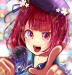  1girl :d a_dec144 arima_kana beret blue_ribbon blunt_bangs blurry blurry_foreground blush chromatic_aberration flower hat hat_flower hat_ribbon highres holding holding_microphone idol idol_clothes lens_flare light_particles looking_at_viewer microphone music open_mouth oshi_no_ko pointing pointing_at_viewer portrait purple_headwear red_eyes red_hair ribbon short_hair sidelocks singing smile solo sparkle twitter_username 