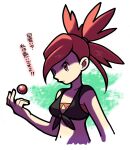  1girl bare_arms bravefarm2 commentary_request flannery_(pokemon) long_hair midriff navel poke_ball poke_ball_(basic) pokemon pokemon_(game) pokemon_oras red_eyes red_hair shirt solo tied_shirt translation_request upper_body 