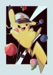  berry_(pokemon) border captain_pikachu food fruit no_humans open_mouth outside_border pikachu pokemon pokemon_(anime) pokemon_(creature) pokemon_horizons rakkonokawa white_border 