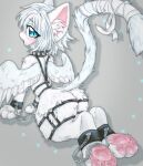  2023 anthro black_collar black_harness blue_eyes blue_hair blue_tail blue_wings blush butt_tuft chain chained collar cuff_(restraint) digital_media_(artwork) domestic_cat felid feline felis fur girly grey_background hair harness hi_res kemono light_hair light_tail light_wings male mammal metal_cuffs open_mouth pawpads pink_inner_ear pink_pawpads restrained restraints simple_background solo somberpaw spiked_collar spikes tail tuft two_tone_wings white_body white_fur wings 