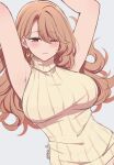  1girl armpits arms_up artist_name blush breasts brown_hair closed_mouth commentary english_commentary forehead hair_behind_ear hair_spread_out highres large_breasts lips long_hair lying mature_female one_eye_closed oshi_no_ko parted_bangs red_eyes red_lips reia_76 ribbed_sweater saitou_miyako simple_background sleeveless sleeveless_turtleneck solo sweater turtleneck turtleneck_sweater twitter_username upper_body white_background 