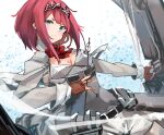  1girl aqua_eyes ark_royal_(kancolle) arrow_(projectile) bob_cut bow_(weapon) breasts brown_gloves compound_bow fingerless_gloves gloves highres holding holding_arrow holding_bow_(weapon) holding_weapon kantai_collection long_sleeves looking_at_viewer red_hair short_hair shorts signature simple_background small_breasts smile solo sunday_aki tiara weapon white_shorts 