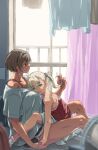  2girls black_shorts blonde_hair blue_eyes breasts brown_hair camisole collarbone curtains highres holding_another&#039;s_hair holding_hands indoors large_breasts m_k multiple_girls original red_camisole red_eyes shirt short_hair shorts sitting tan white_shirt white_shorts window yuri 