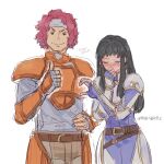  &gt;:) 1boy 1girl 91007 arm_guards armor armored_dress artist_name astrid_(fire_emblem) belt belt_buckle black_eyes black_hair blue_gloves blush breastplate brown_belt buckle closed_eyes closed_mouth covering_mouth dress faulds fingerless_gloves fire_emblem fire_emblem:_path_of_radiance fire_emblem:_radiant_dawn gloves grey_gloves grey_headband hand_up headband heart heart_hands heart_hands_failure looking_at_viewer makalov_(fire_emblem) nose_blush orange_armor pink_hair shoulder_armor simple_background smile thumbs_up twitter_username v-shaped_eyebrows white_background 