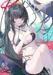 1girl absurdres angel_wings bingansuan_jiamouren black_hair black_wings blue_archive halo highres official_alternate_costume official_alternate_hairstyle red_eyes solo swimsuit tsurugi_(blue_archive) tsurugi_(swimsuit)_(blue_archive) wings 
