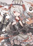  1girl black_thighhighs dress frilled_dress frills grey_hair hair_ornament henzer highres huge_weapon one_eye_closed original red_eyes splashing stuffed_toy thighhighs weapon white_background white_headwear 