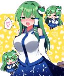  1girl absurdres bare_shoulders blue_skirt blush breasts closed_mouth detached_sleeves fang frog_hair_ornament gohei green_eyes green_hair hair_between_eyes hair_ornament hair_tubes heart highres holding holding_gohei japanese_clothes kochiya_sanae large_breasts long_hair multiple_views nontraditional_miko one_eye_closed open_mouth skirt snake_hair_ornament spoken_heart tongue tongue_out touhou white_sleeves wide_sleeves you_(noanoamoemoe) 