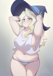  1girl absurdres armpits arms_behind_head artist_name blue_eyes blush breasts closed_mouth cloudxmoe cowboy_shot diana_cavendish english_commentary english_text film_grain gradient_background hat highres light_green_hair little_witch_academia long_hair looking_at_viewer multicolored_hair navel simple_background solo tareme thick_arms two-tone_hair wavy_hair witch_hat 
