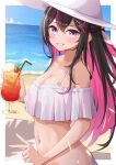  1girl absurdres azki_(4th_costume)_(hololive) azki_(hololive) beach bikini black_hair breasts cleavage cocktail colored_inner_hair frilled_bikini frills grin hair_ornament hairclip hat highres hololive long_hair looking_at_viewer midriff multicolored_hair navel pink_hair purple_eyes sand smile solo streaked_hair sun_hat swimsuit typho upper_body v virtual_youtuber water white_hair 