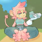  1:1 anthro baggy_pants bodily_fluids clothed clothing digital_media_(artwork) feet female foot_fetish foot_focus footwear forest forest_background fur gloves hair handwear haplorhine hi_res humanoid humanoid_feet looking_at_viewer mammal monkey musk nature nature_background pink_hair plant plantigrade primate shoes shoes_removed sitting smile smug_face smug_grin soles solo spread_toes steam sweat sweatdrop sweaty_feet tail teeth toes tree twistedfurby 
