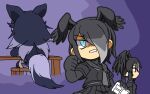  3girls angry animal_ears bird_wings black_hair blue_eyes chibi clenched_hand grey_hair grey_wolf_(kemono_friends) hair_over_one_eye head_wings holding jungle_crow_(kemono_friends) kemono_friends long_hair manga_(object) multicolored_hair multiple_girls partially_shaded_face red_eyes shirt sitting skirt srd_(srdsrd01) tail thighhighs two-tone_hair v-shaped_eyebrows wings wolf_ears wolf_girl wolf_tail yatagarasu_(kemono_friends) zettai_ryouiki 