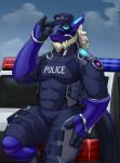 anthro car clothed clothing digital_media_(artwork) dragon eastern_dragon gesture gun hair handgun hi_res kobold looking_at_another looking_at_viewer male middle_finger muscular muscular_anthro muscular_male piercing police police_car police_uniform ranged_weapon ring_piercing solo synth_(vader-san) tail tall_lizzard_(artist) tipping_hat topwear uniform vehicle weapon 
