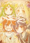  2boys 2girls ahoge blonde_hair blue_eyes blush brown_hair commentary_request dark_pit flower forehead_jewel green_eyes green_hair hair_flower hair_ornament kid_icarus kid_icarus_uprising laurel_crown looking_at_viewer multiple_boys multiple_girls open_mouth palutena pit_(kid_icarus) purple_flower red_eyes smile split_mouth sweat upper_body viridi yellow_eyes yukigi 