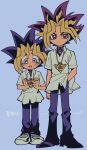  2boys blonde_hair blue_background blush closed_mouth collared_shirt full_body hand_in_pocket height_difference highres karabako male_focus millennium_puzzle multicolored_hair multiple_boys mutou_yuugi open_mouth pants purple_eyes purple_hair shirt shoes short_sleeves simple_background sneakers spiked_hair standing white_shirt yami_yuugi yu-gi-oh! yu-gi-oh!_duel_monsters 