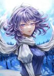  1girl absurdres bare_tree closed_mouth commentary_request highres juliet_sleeves letty_whiterock long_sleeves looking_at_viewer mamiru_(42105269) outdoors puffy_sleeves purple_eyes purple_hair scarf short_hair snow solo touhou tree upper_body white_headwear white_scarf 