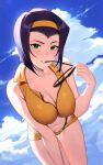  1girl bare_shoulders blue_sky breasts cleavage cloud cowboy_bebop crop_top day faye_valentine forehead green_eyes grin hairband hand_up highres holding holding_eyewear large_breasts leaning_forward looking_at_viewer midriff navel outdoors parted_lips purple_hair reiji-rj short_hair short_shorts shorts sky smile solo stomach sunglasses thighs yellow_hairband yellow_shorts 