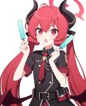  1girl black_horns black_ribbon blue_archive blush child_(isoliya) fang food hair_between_eyes hair_ribbon halo highres holding holding_food holding_popsicle horns junko_(blue_archive) long_hair looking_at_viewer low_wings necktie open_mouth pointy_ears popsicle red_eyes red_hair red_necktie red_wings ribbon short_sleeves simple_background skin_fang solo twintails very_long_hair white_background wings 