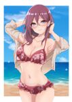  1girl armpits arms_up beach bikini blush breasts cleavage collarbone floral_print frilled_bikini frills glasses grey-framed_eyewear highres idolmaster idolmaster_cinderella_girls large_breasts looking_at_viewer murabito_c navel outdoors purple_eyes purple_hair red_bikini smile solo stomach swimsuit yagami_makino 