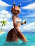  absurd_res anthro beach beverage bikini brown_body brown_fur clothing container cup domestic_cat felid feline felis female fur hair hi_res holding_beverage holding_container holding_cup holding_object lynxy mammal markings orange_eyes palm_tree plant saoirse_(allen_fuller) sea seaside solo solo_focus striped_markings stripes swimwear translucent translucent_clothing tree water white_bikini white_clothing white_hair white_swimwear 