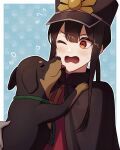  1boy black_headwear cape dog family_crest fate/grand_order fate_(series) hat highres licking long_hair oda_nobukatsu_(fate) oda_uri open_mouth otoko_no_ko peaked_cap ponytail yzrh0 