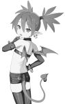  1girl absurdres bandeau bare_shoulders boots choker demon_girl demon_tail demon_wings disgaea earrings elbow_gloves etna_(disgaea) from_behind gloves greyscale hair_between_eyes highres jewelry jiryu50610218 looking_at_viewer looking_back makai_senki_disgaea medium_hair miniskirt monochrome o-ring o-ring_choker open_mouth pointy_ears simple_background skindentation skirt skull_earrings smile solo tail thigh_boots twintails wings 