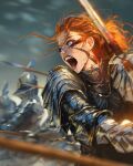  1girl armor blood blood_on_weapon blurry blurry_background blurry_foreground facial_mark glint gold_trim helmet highres knight loose_hair_strand nose open_mouth orange_hair original polearm reflection sam_yang shouting solo_focus spear sunlight sword teeth weapon 