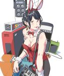  1girl absurdres animal_ear_headwear animal_ears black_eyes black_hair black_pantyhose clock detached_collar earrings electric_guitar guitar hair_bun highres holding_guitar instrument jewelry leotard looking_at_viewer original pantyhose playboy_bunny rabbit_ears red_leotard robot0403 simple_background solo speaker standing strapless strapless_leotard white_background wire wrist_cuffs 