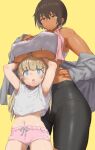  2girls armpits bike_shorts black_hair blonde_hair blue_eyes breast_rest breasts breasts_on_head covered_nipples dark-skinned_female dark_skin dated_commentary flat_chest height_difference highres huge_breasts kei_(m_k) long_hair m_k midriff multiple_girls navel open_mouth original petite red_eyes rika_(m_k) short_hair simple_background sweat tall tall_female tan tomboy underboob yuri 