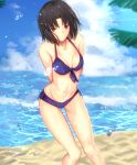  1girl alternate_costume arms_behind_back beach bikini black_hair blue_bikini blush breasts brown_eyes closed_mouth collarbone commentary_request expressionless hair_intakes highres iro_(sekaixiro) kara_no_kyoukai looking_at_viewer navel outdoors ryougi_shiki short_hair solo standing swimsuit 